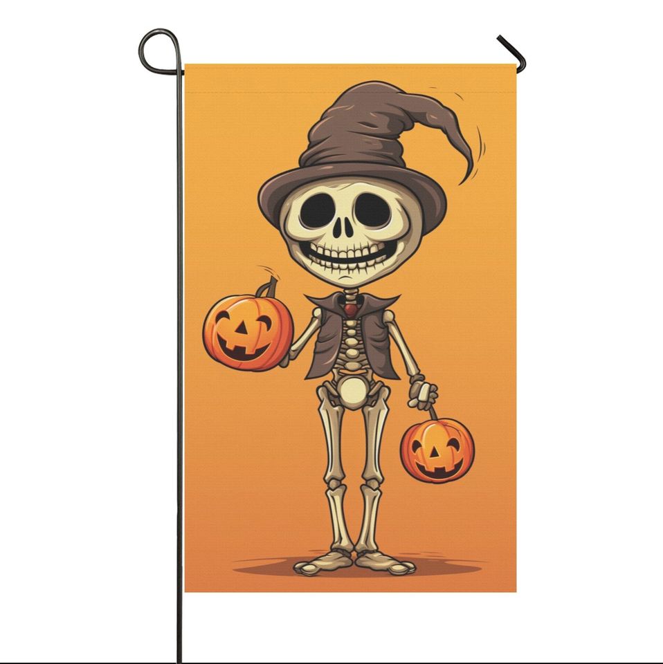 Skeleton Garden Flag, Fall Autumn Pumpkin Halloween Home Banner Spooky
