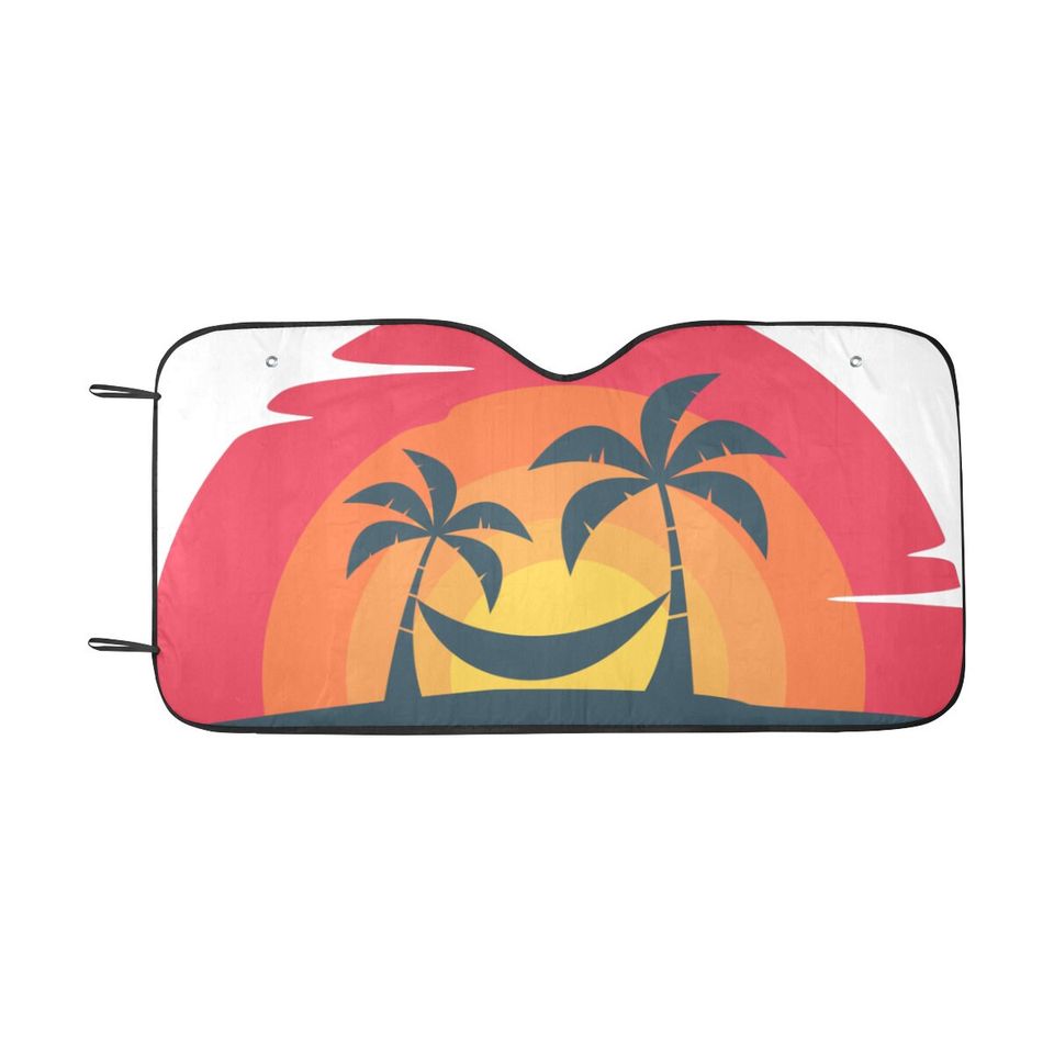 Retro Sunset Windshield Sun Shade, Hammock Island Palm Tree Car Accessories
