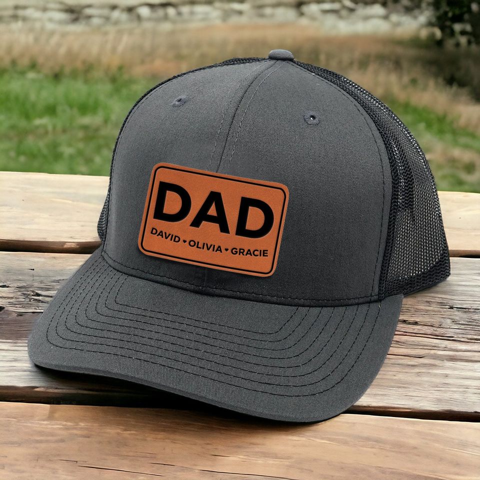 Personalized Dad Patch Hat Gift for Him - Custom Kids' Names Trucker Hat Engraved for Father's Day