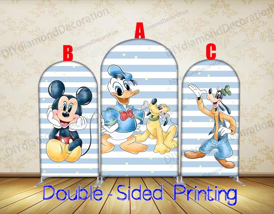 Mickey Mouse Friends Arch Cover Single Sided Blue Stripe First Birthday Party Backdrop Decoration