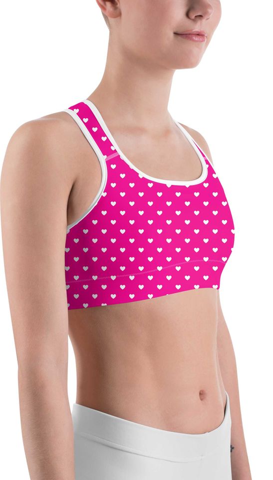 White Mini Hearts Pink Sports Bra