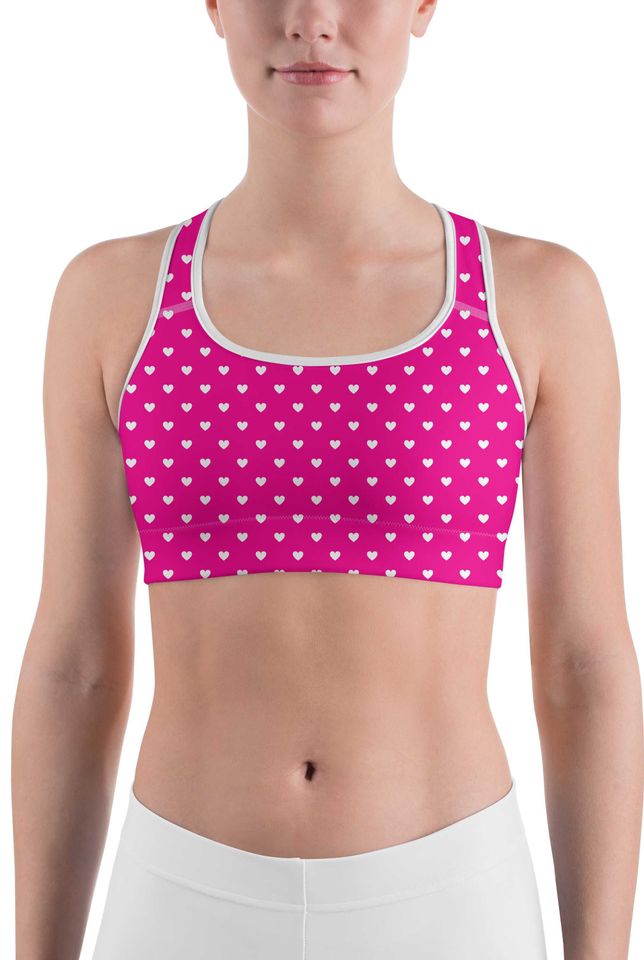 White Mini Hearts Pink Sports Bra