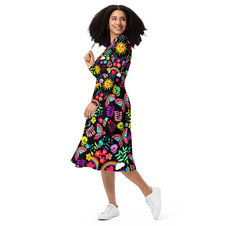 Sweet Spring Garden All-Over Print Long Sleeve Midi Dress