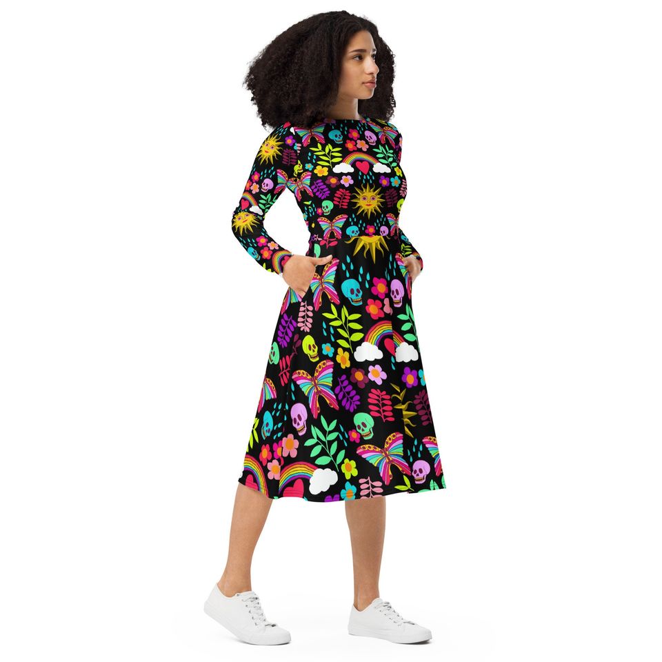Sweet Spring Garden All-Over Print Long Sleeve Midi Dress
