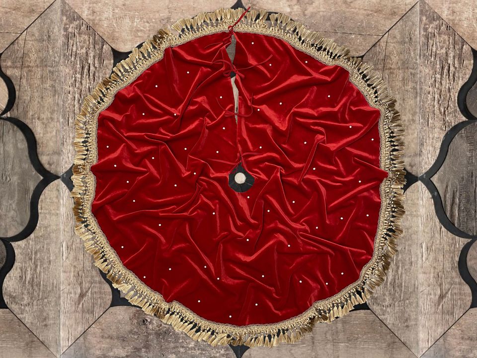 Christmas Tree Skirt with Gold Tassels, Red Velvet, Stud Crystals