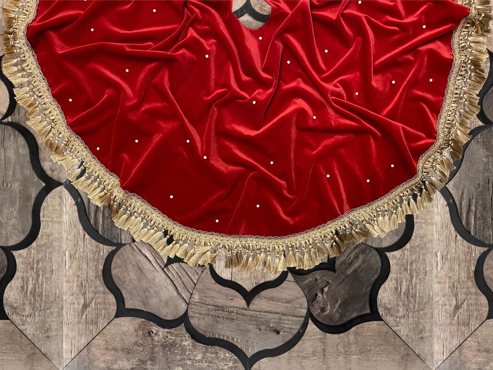 Christmas Tree Skirt with Gold Tassels, Red Velvet, Stud Crystals