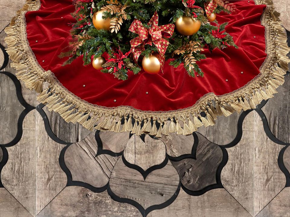 Christmas Tree Skirt with Gold Tassels, Red Velvet, Stud Crystals