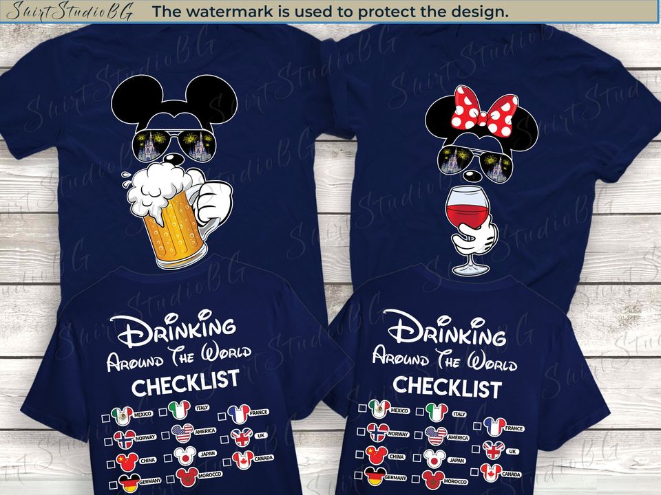 Mickey Beer Minnie Wine Front and Back, Epcot Drinking Around The World Shirt