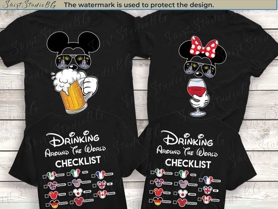 Mickey Beer Minnie Wine Front and Back, Epcot Drinking Around The World Shirt