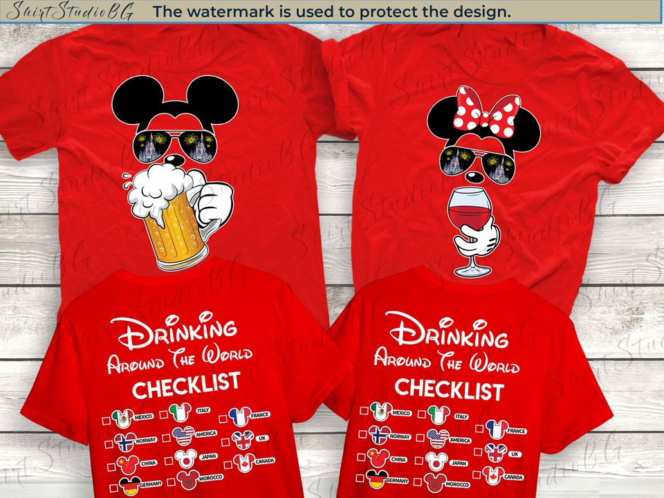 Mickey Beer Minnie Wine Front and Back, Epcot Drinking Around The World Shirt