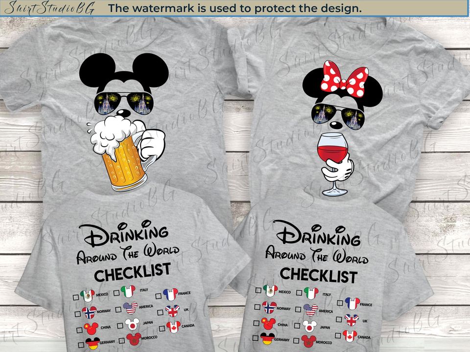 Mickey Beer Minnie Wine Front and Back, Epcot Drinking Around The World Shirt