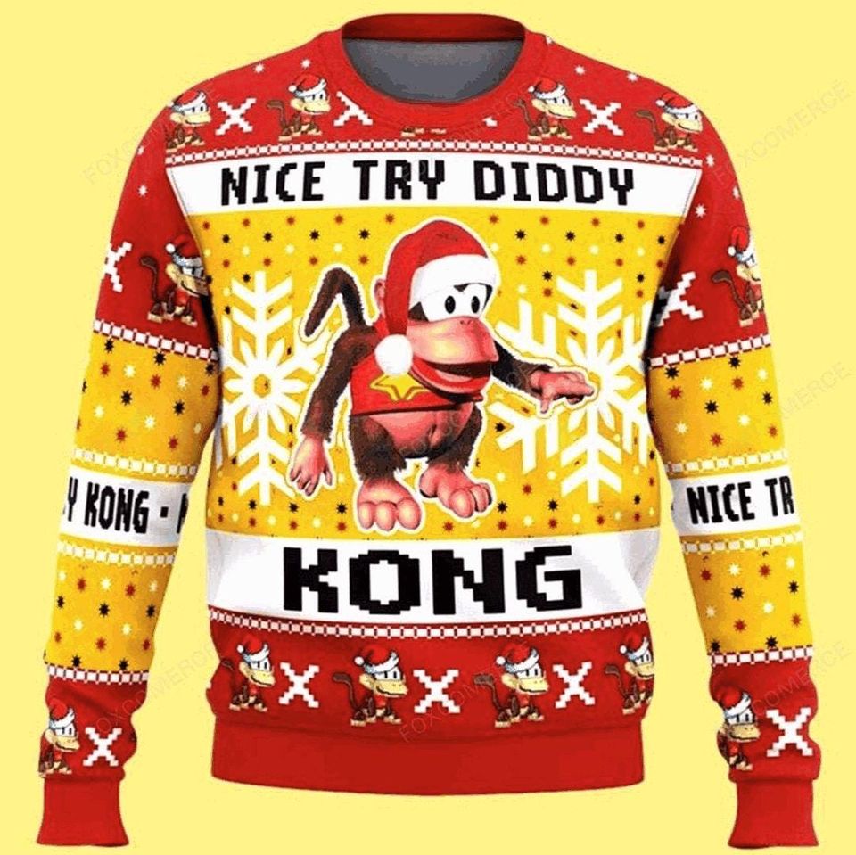 Nice Try Diddy Kong Meme Donkey Kong Ugly Christmas Sweater