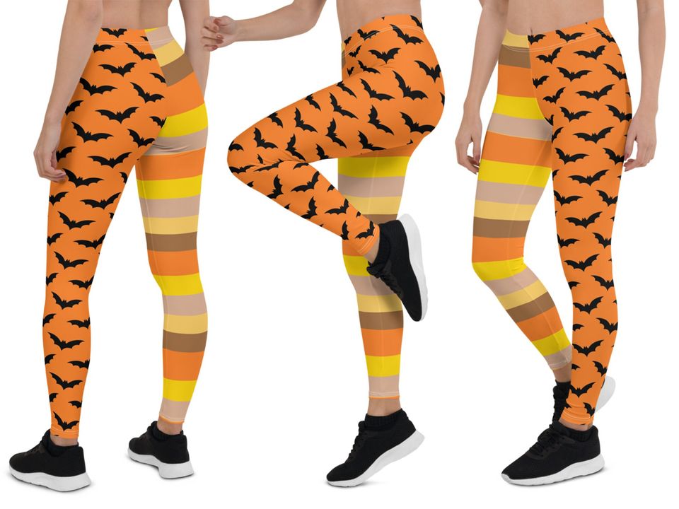 Halloween Leggings Black Bats Witch Striped Yoga Athletic Pants