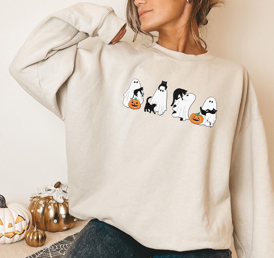 Cute Ghosts & Cats Halloween Sweatshirt EMBROIDERED