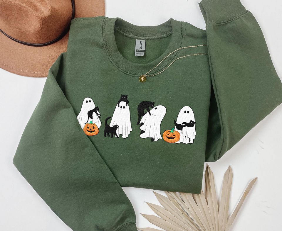 Cute Ghosts & Cats Halloween Sweatshirt EMBROIDERED