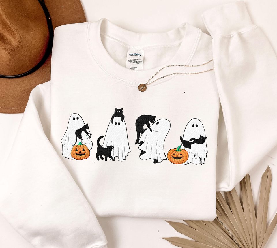 Cute Ghosts & Cats Halloween Sweatshirt EMBROIDERED