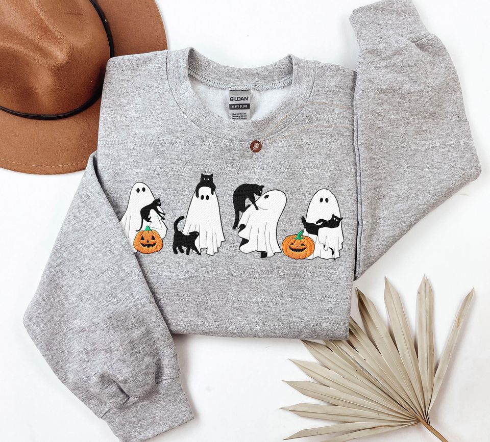 Cute Ghosts & Cats Halloween Sweatshirt EMBROIDERED