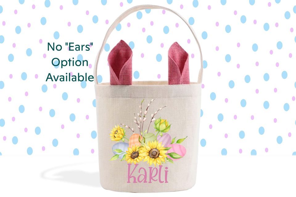 Easter Basket, Sunflower Gifts, Easter Eggs, Pink Bunny Ears, Gift Basket, Easter Decor, Personalized Basket