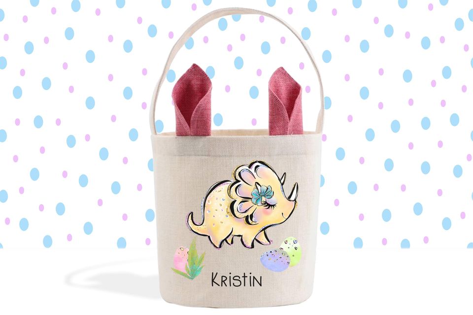 Yellow Dinosaur Personalized Easter Basket, Easter Pail, Cute Bunny Ears Easter Gift Basket