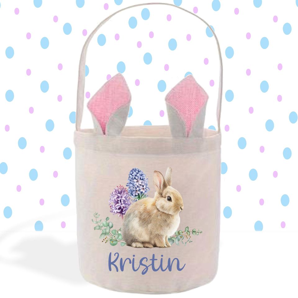 Personalized Easter Basket with Vintage Bunny Print, Kids Easter Bunny Bag, Easter Egg Hunt