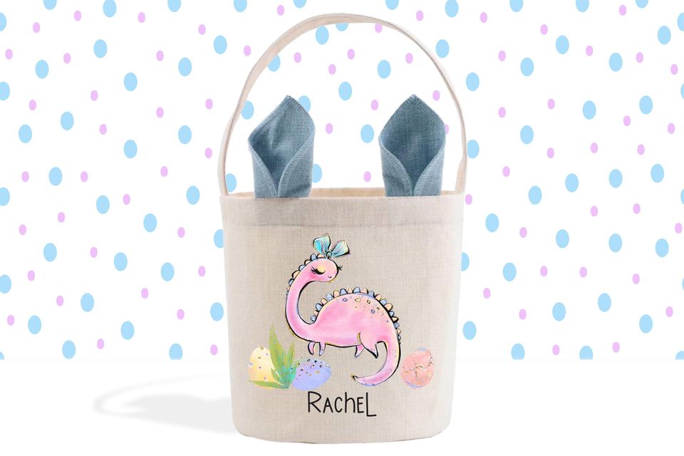 Pink Dinosaur Personalized Easter Basket, Easter Pail, Cute Bunny Ears Easter Gift Basket