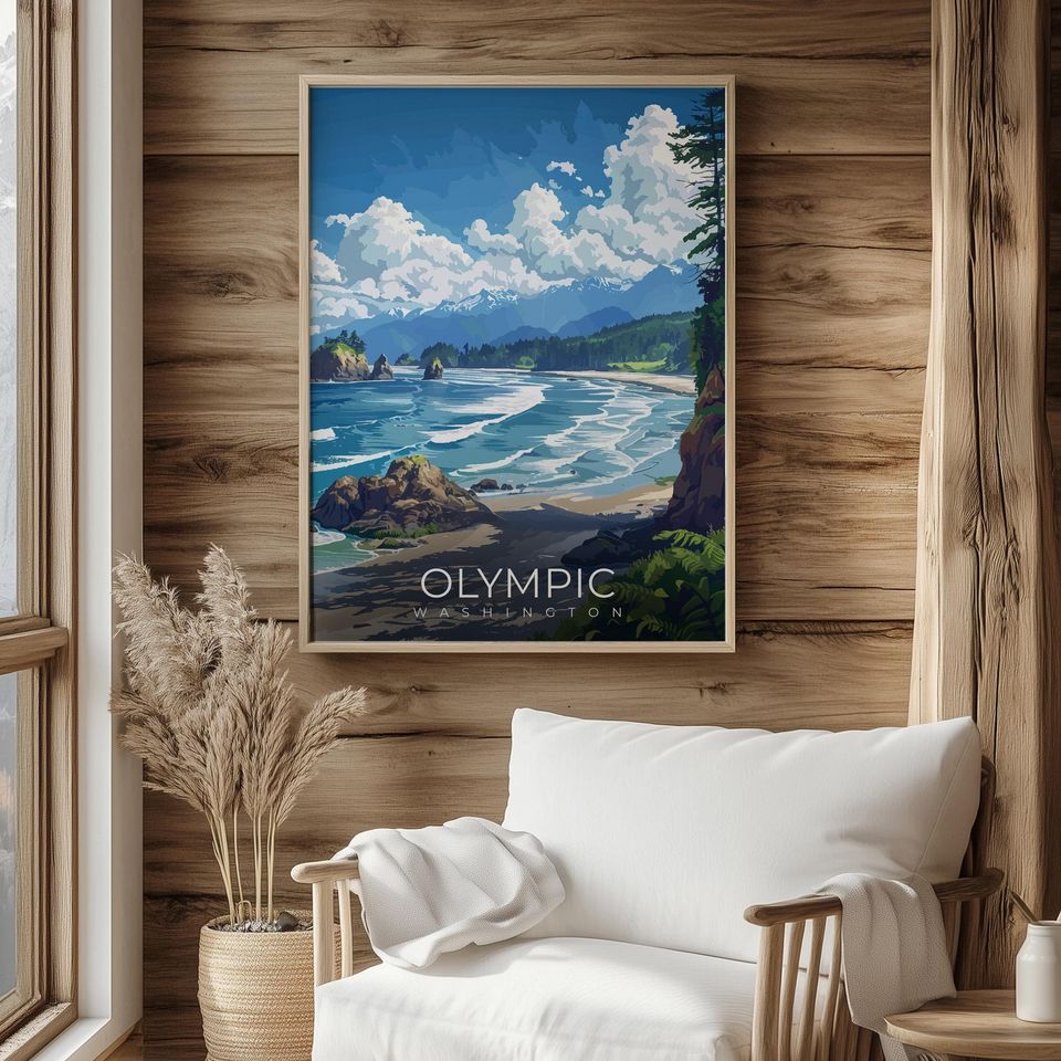 Olympic Washington Travel Print Wall Art National Park Landscape Illustration Poster