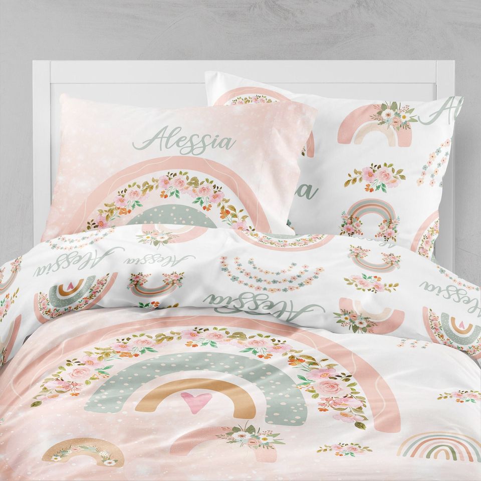 Custom Rainbow Floral Bedding Set: Personalized Girl Duvet Cover