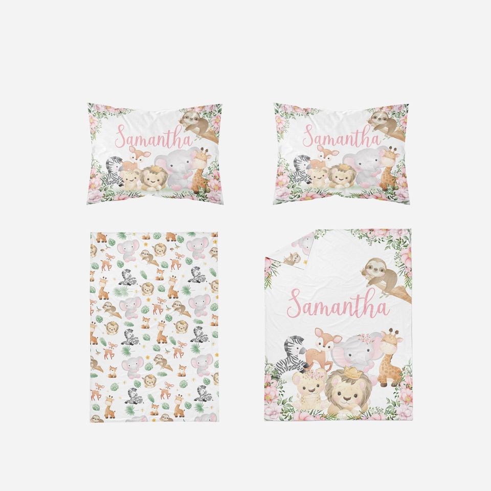 Safari Animals Girl Bedding Set: Personalized Comforter, Twin, Full, Queen, King