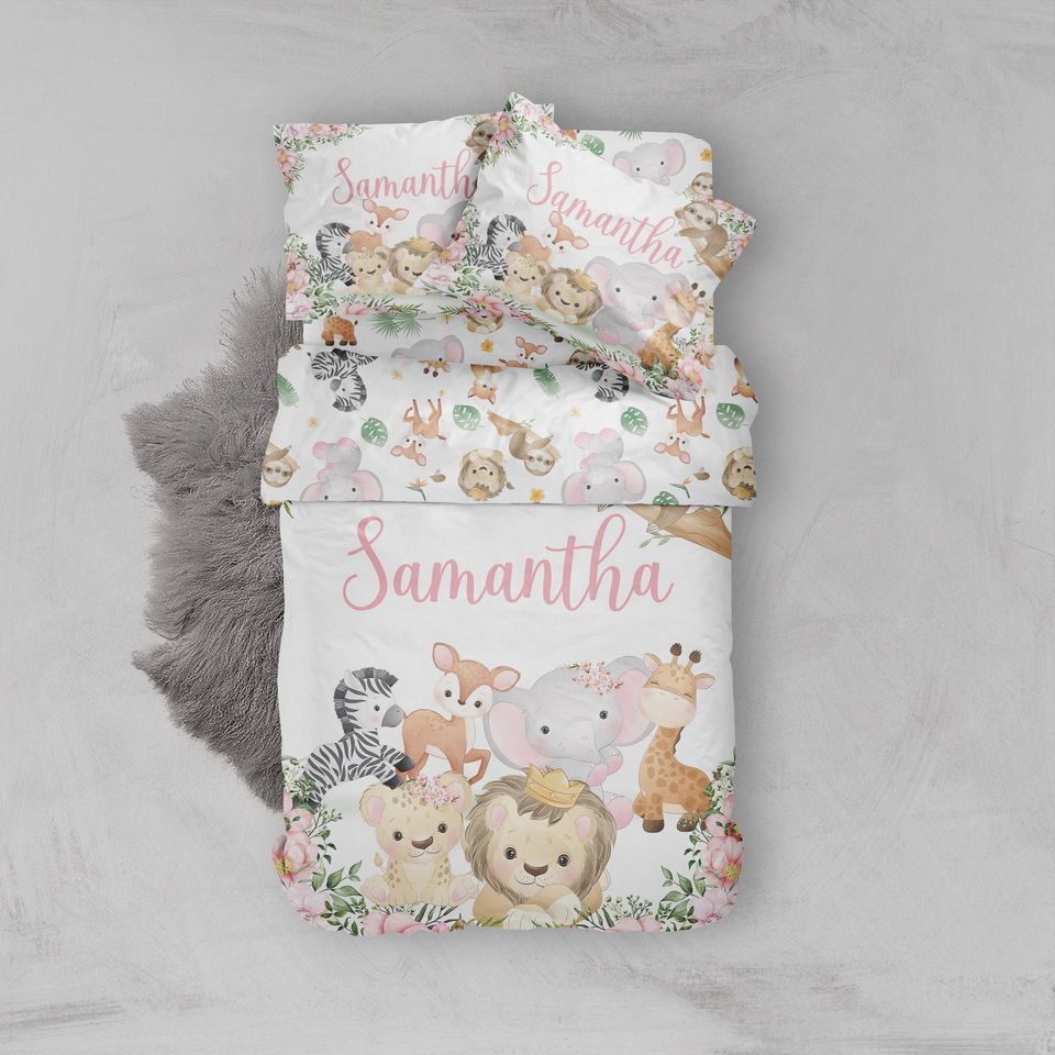Safari Animals Girl Bedding Set: Personalized Comforter, Twin, Full, Queen, King