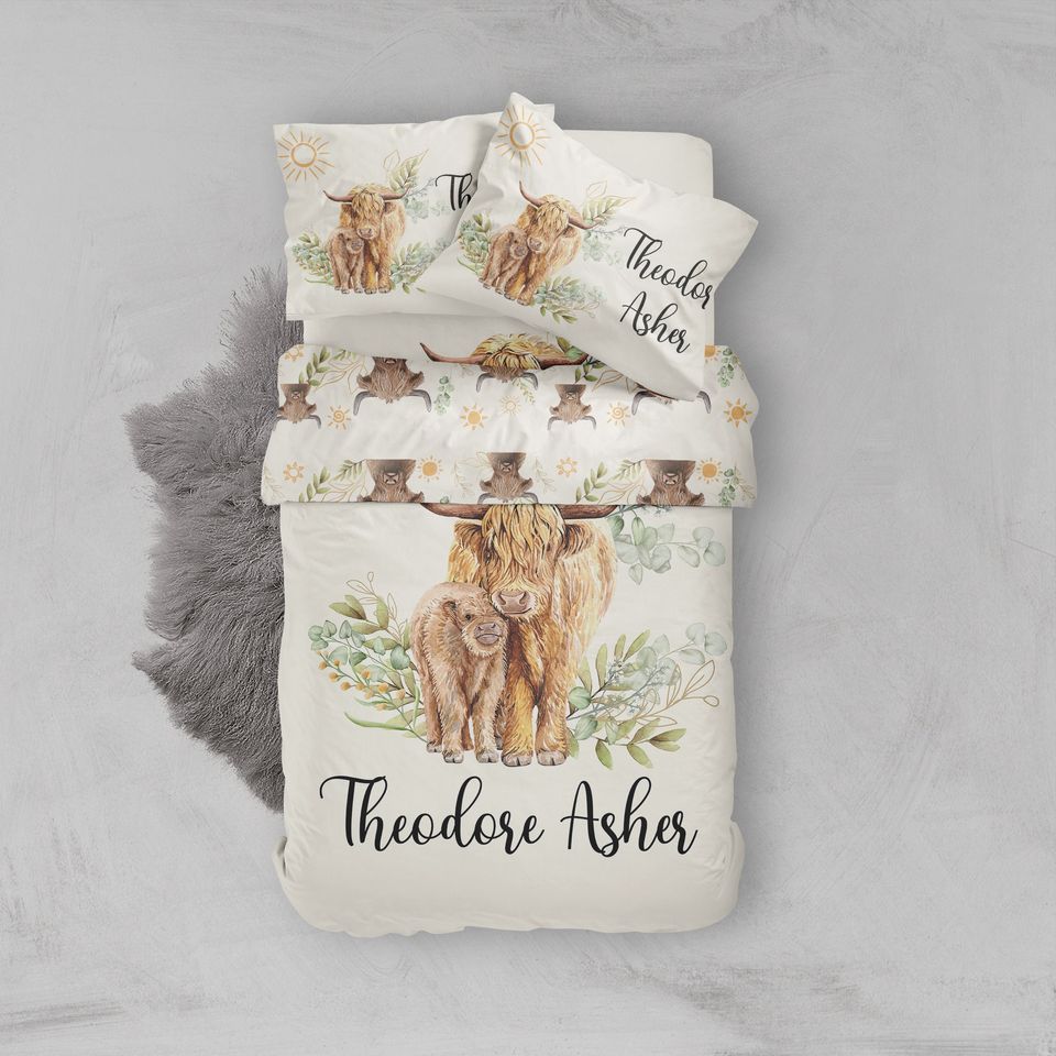 Personalized  Highland Cow Boy Bedding Set