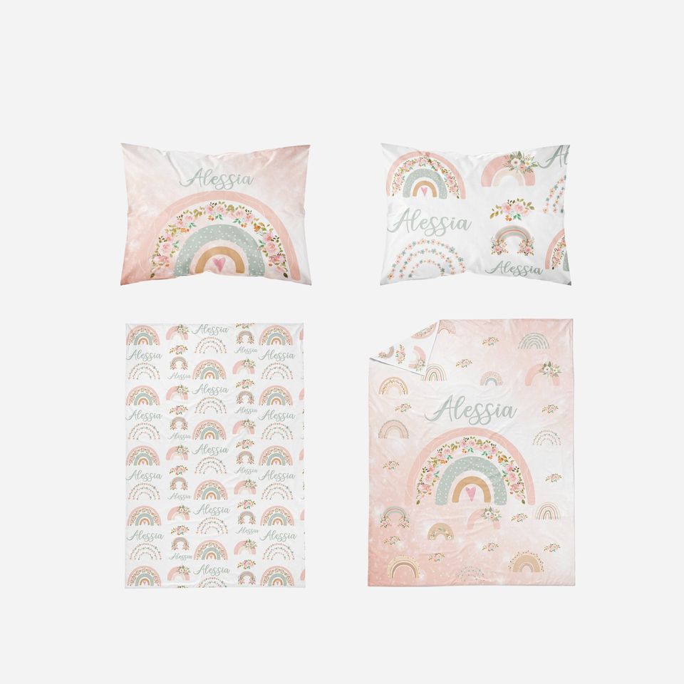 Custom Rainbow Floral Bedding Set: Personalized Girl Duvet Cover