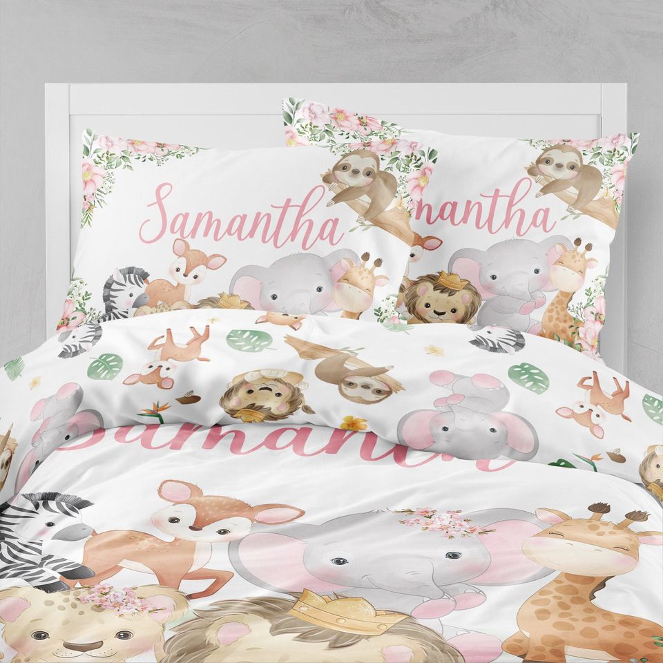 Safari Animals Girl Bedding Set: Personalized Comforter, Twin, Full, Queen, King