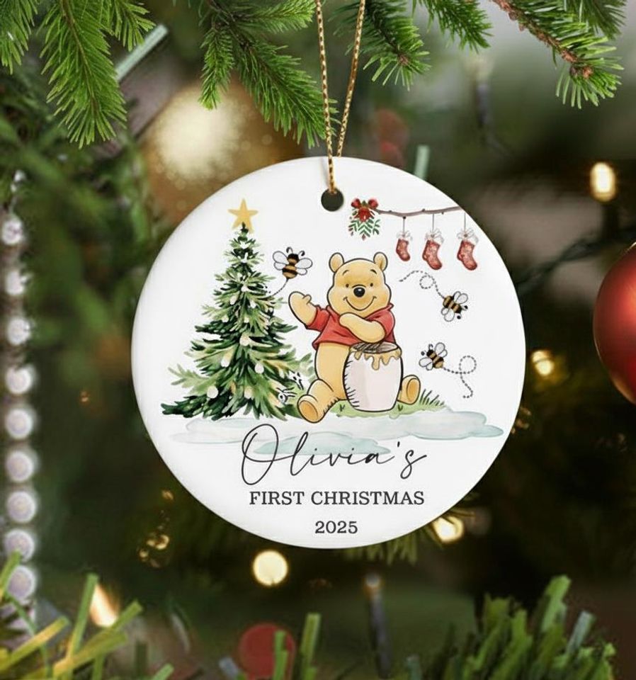 Personalized Pooh First Christmas Ornament, Custom Ceramic Keepsake