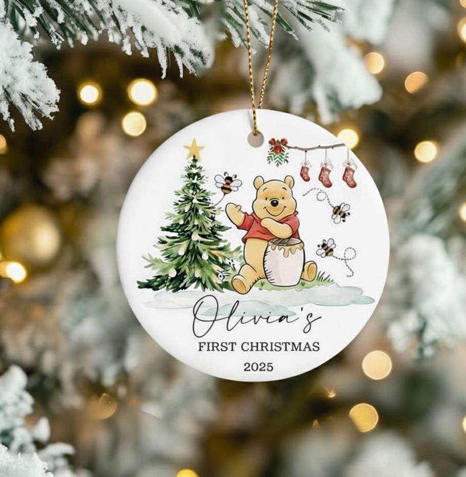 Personalized Pooh First Christmas Ornament, Custom Ceramic Keepsake