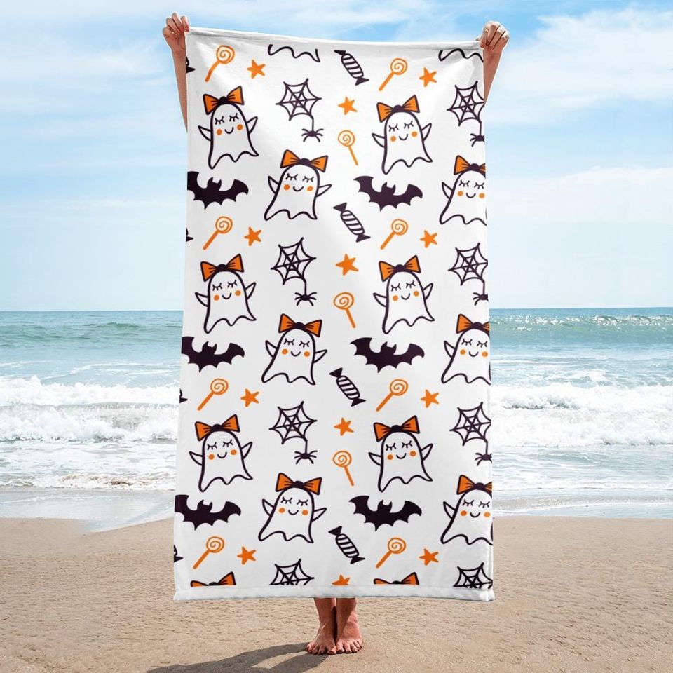 Girls Halloween Beach Towel: Ghost, Bat & Pumpkin Design