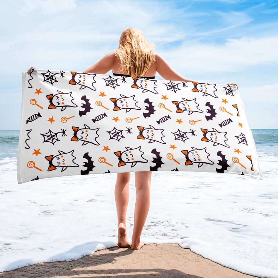 Girls Halloween Beach Towel: Ghost, Bat & Pumpkin Design
