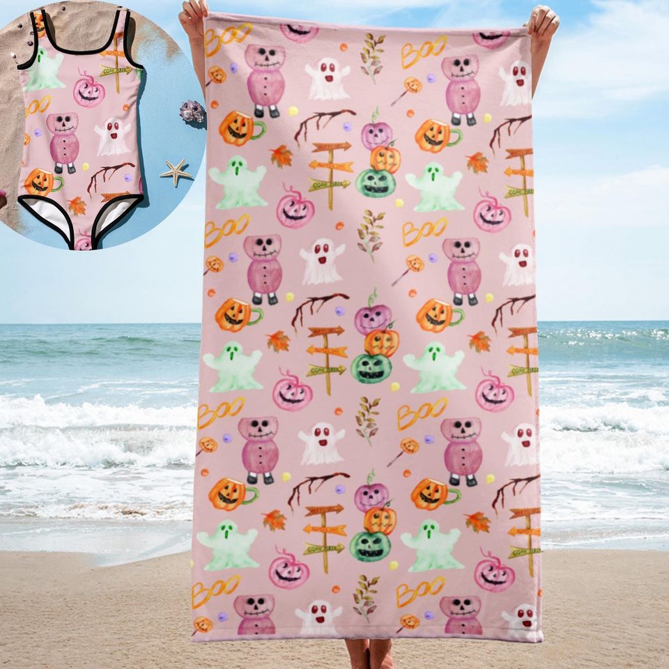 Pink Halloween Beach Towel: Ghost, Pumpkin, Summerween Party