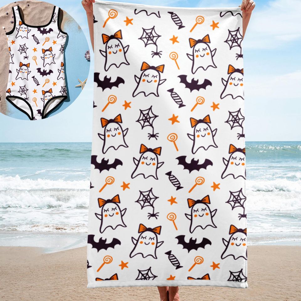 Girls Halloween Beach Towel: Ghost, Bat & Pumpkin Design