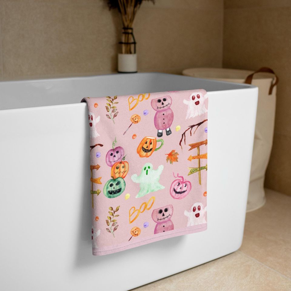 Pink Halloween Beach Towel: Ghost, Pumpkin, Summerween Party