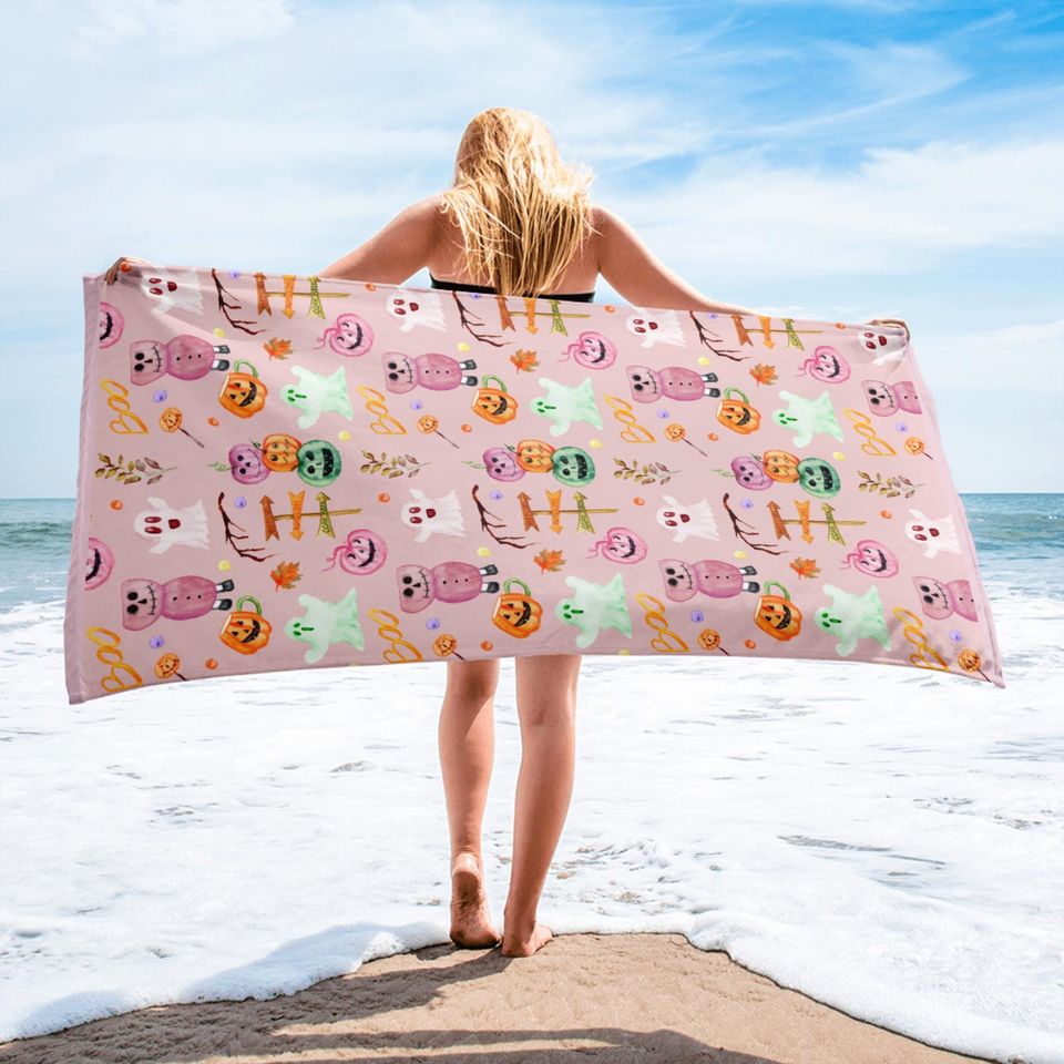 Pink Halloween Beach Towel: Ghost, Pumpkin, Summerween Party