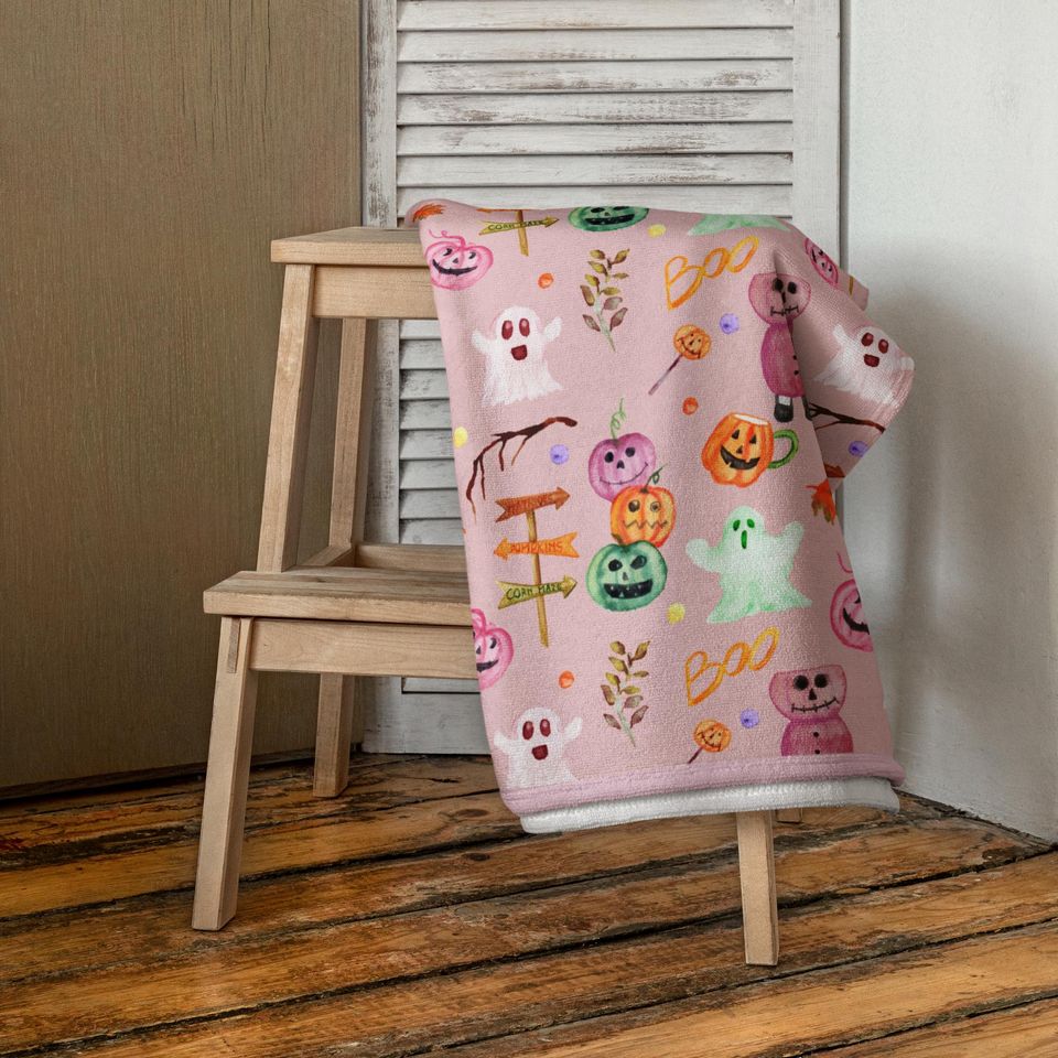 Pink Halloween Beach Towel: Ghost, Pumpkin, Summerween Party