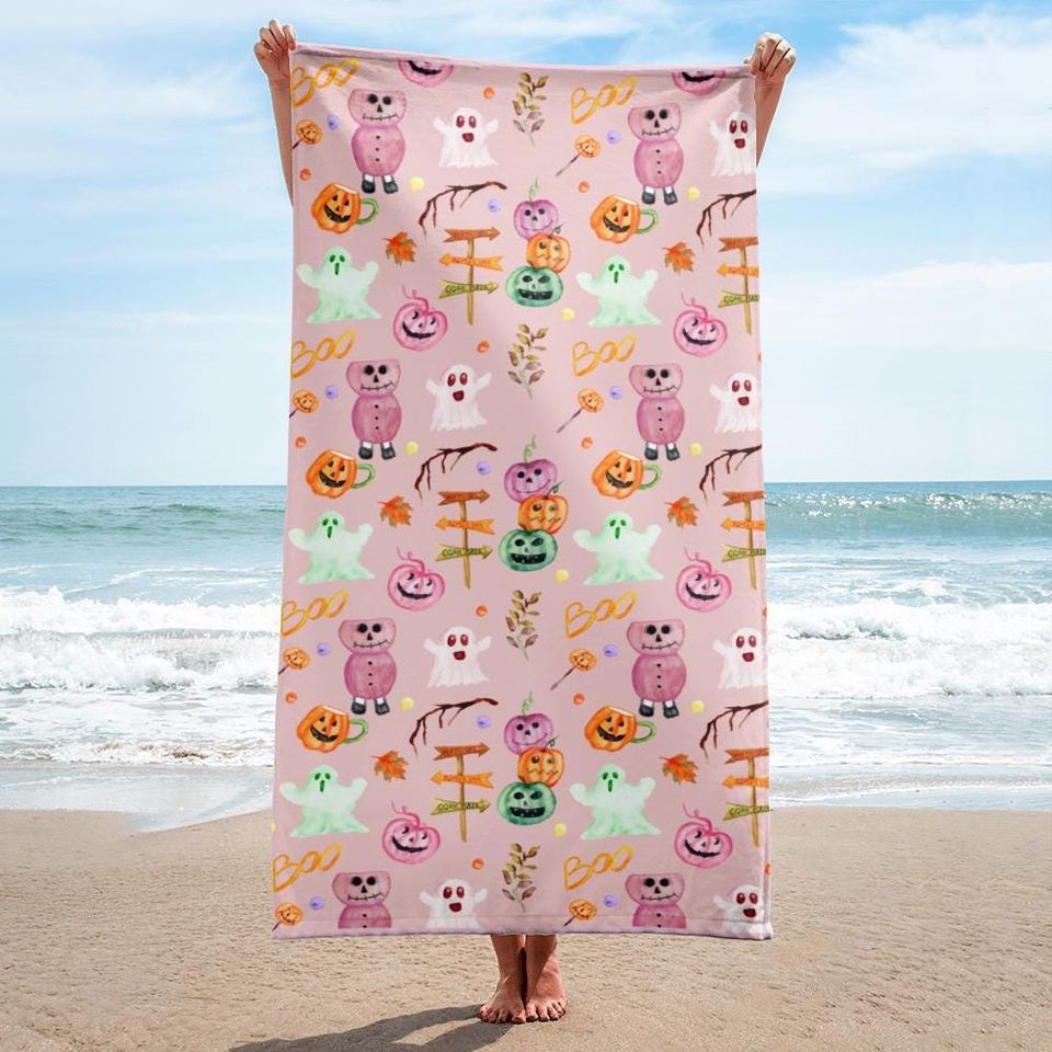 Pink Halloween Beach Towel: Ghost, Pumpkin, Summerween Party