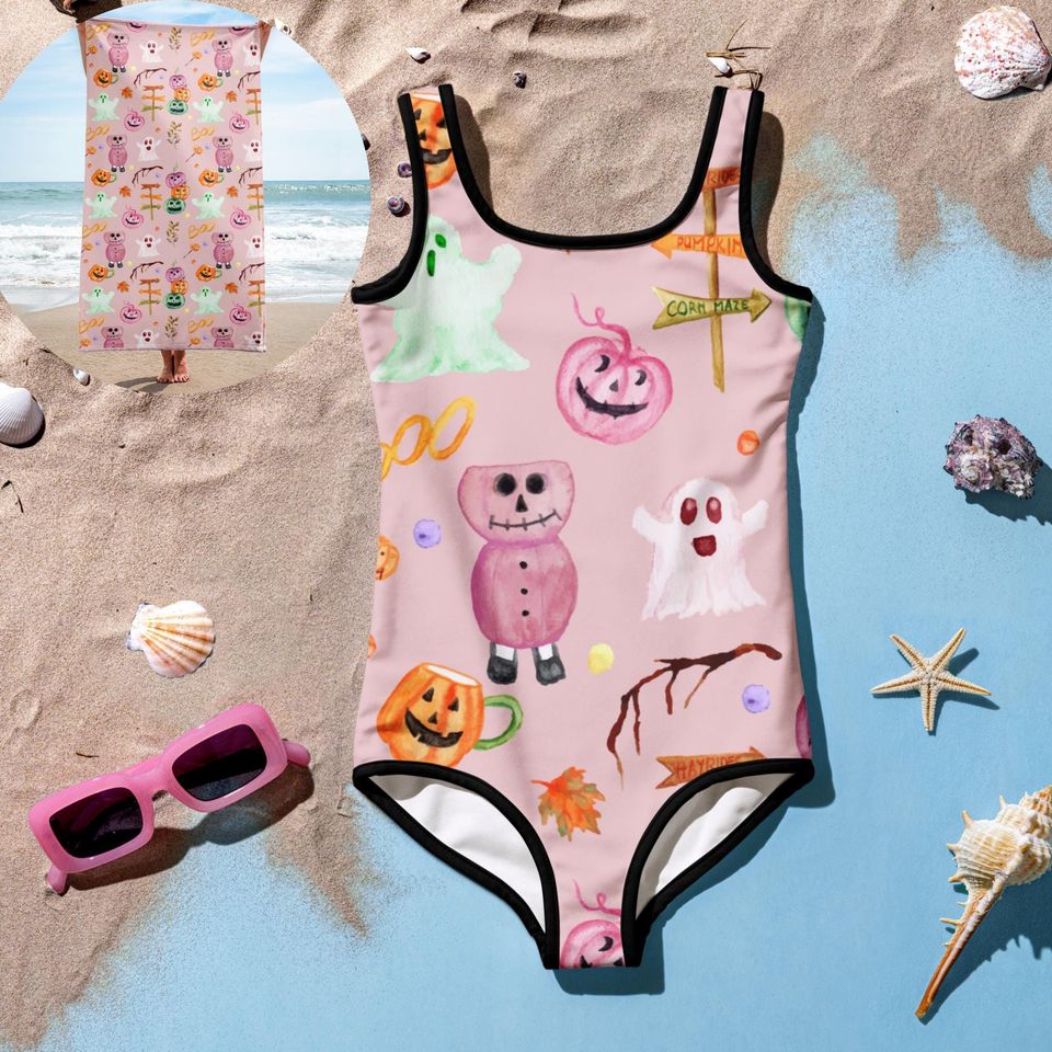 Pink Halloween Beach Towel: Ghost, Pumpkin, Summerween Party