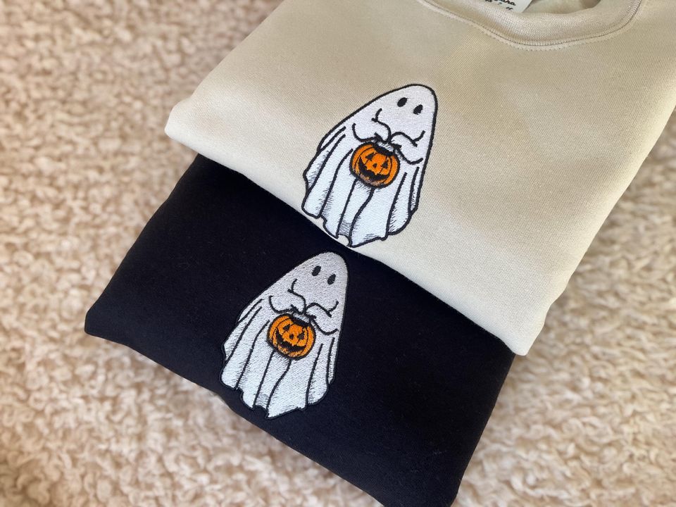 Ghost Embroidered Sweatshirt, Ghost Holding Pumpkin, Jack o Lantern Embroidery