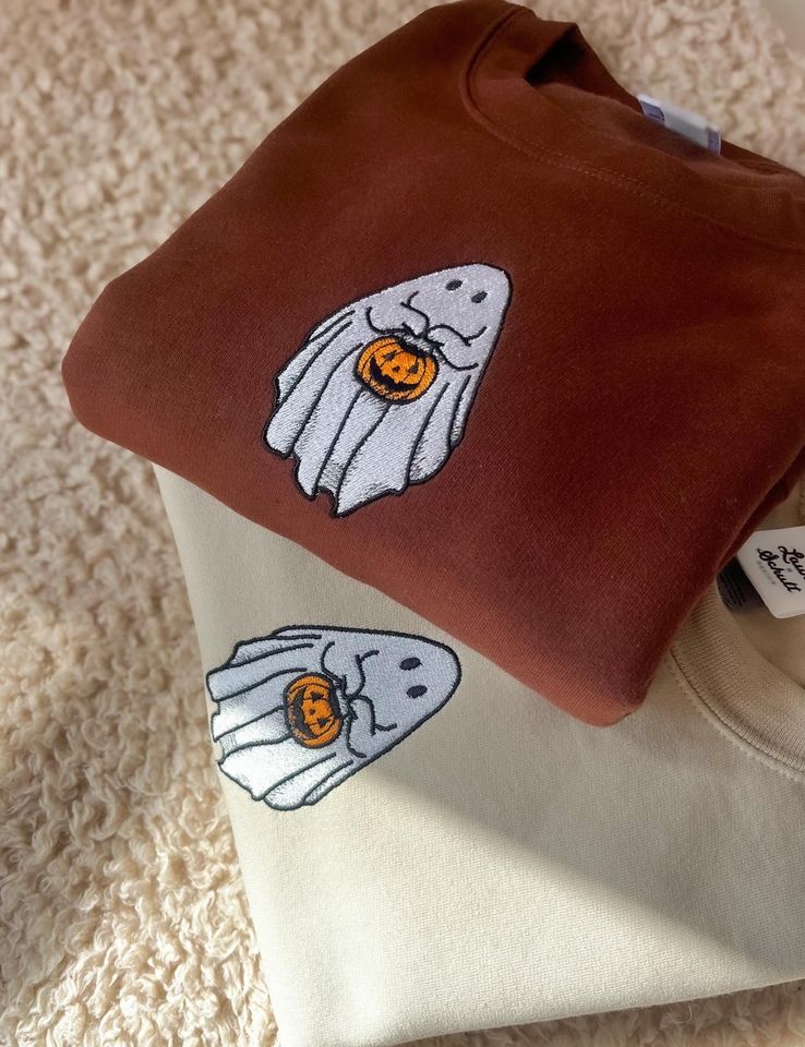Ghost Embroidered Sweatshirt, Ghost Holding Pumpkin, Jack o Lantern Embroidery