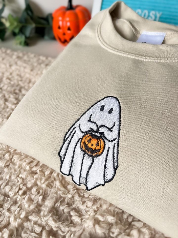 Ghost Embroidered Sweatshirt, Ghost Holding Pumpkin, Jack o Lantern Embroidery
