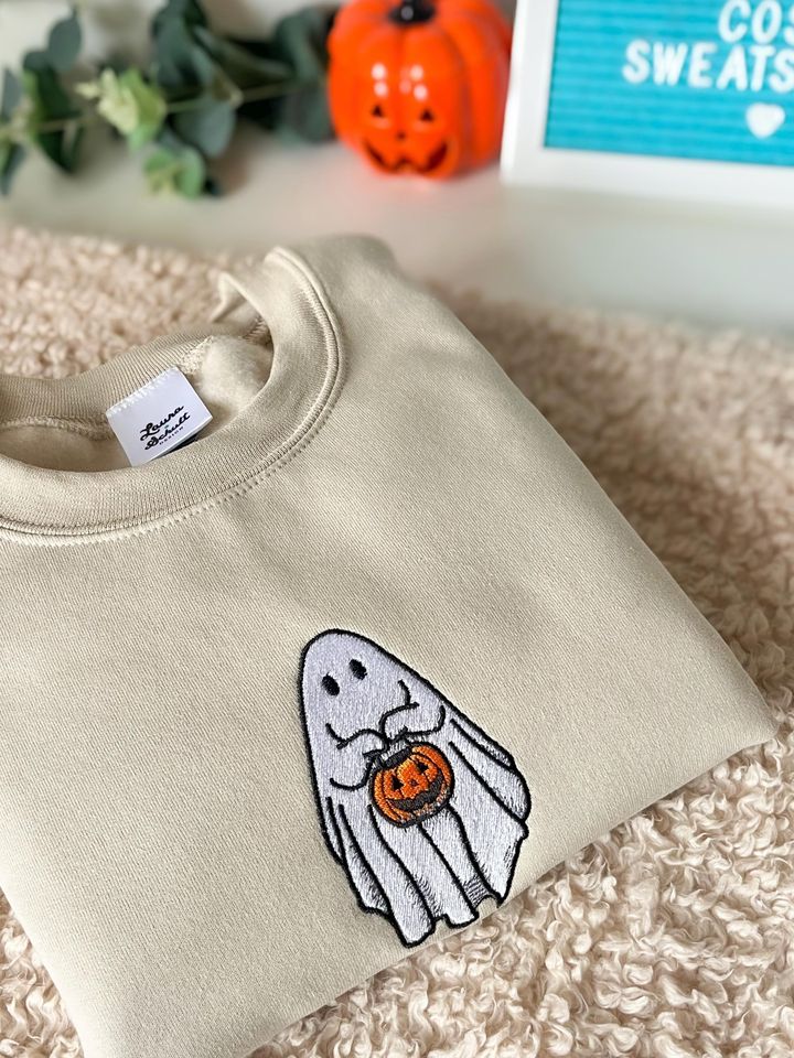 Ghost Embroidered Sweatshirt, Ghost Holding Pumpkin, Jack o Lantern Embroidery