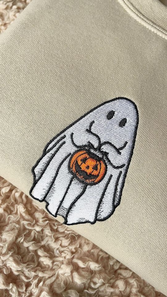 Ghost Embroidered Sweatshirt, Ghost Holding Pumpkin, Jack o Lantern Embroidery