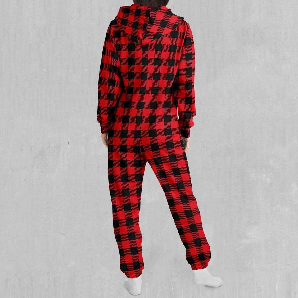 Red Checkered Plaid Adult  Zip Up Jumpsuit Pajamas