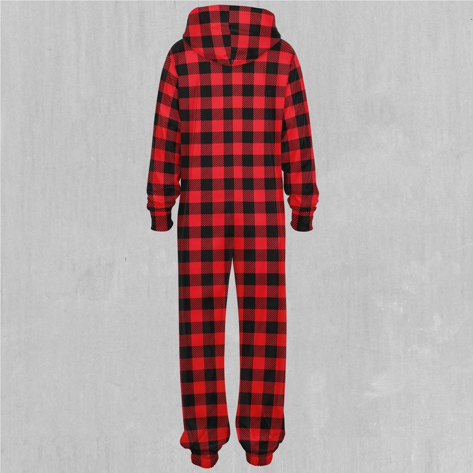 Red Checkered Plaid Adult  Zip Up Jumpsuit Pajamas
